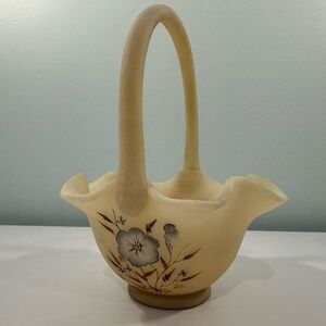 Fenton Custard Satin Ruffled Basket Hand Painted 7.5” Signed